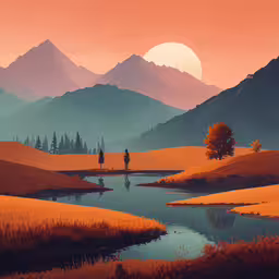 a photo is painted with a stylized, colorful painting,a painting of mountains and a lake at sunset