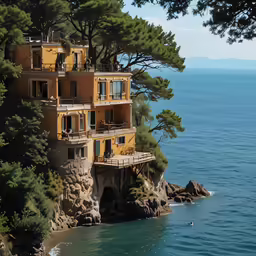 several balconies are positioned at the end of the cliff near the ocean