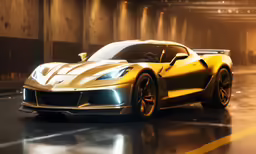 a yellow sports car driving inside of an indoor garage