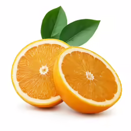 orange fruit sliced with leaf and on white background
