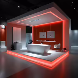 there is a bathroom with red light coming from the ceiling