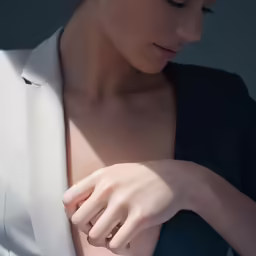 a woman in a business suit adjusting her hand