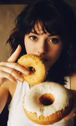 a woman eating a doughnut with a frosted glaze