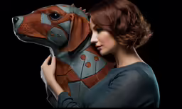 a beautiful red haired woman holding a stuffed dog