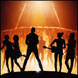 a group of people standing in front of a stage,a group of people standing around while one man plays an electric guitar