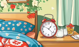 a room with an open window and flowered curtains on the side