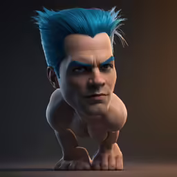 a man with blue hair is on a dark background