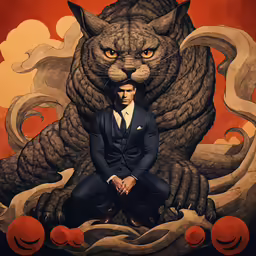 a painting of a man sitting on a large demon like thing