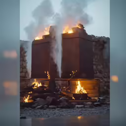a group of burning objects on fire with lots of smoke coming out of them