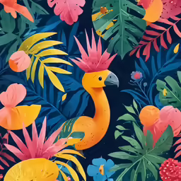 a colorful pattern of birds and tropical leaves