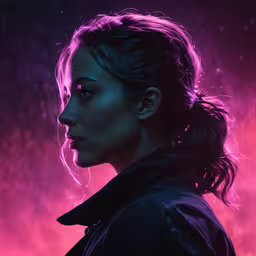 a beautiful woman with glasses in a black jacket,a woman with a ponytail in a purple haze