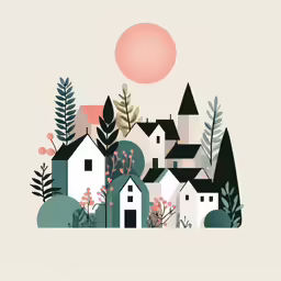 a village is featured in this stylized landscape