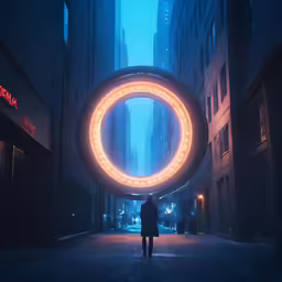 a man walking past large circular light circle on street