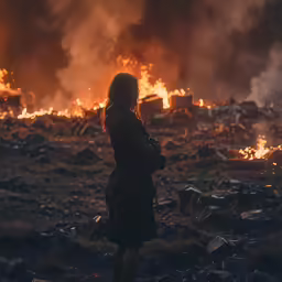 there is a woman standing in front of fire