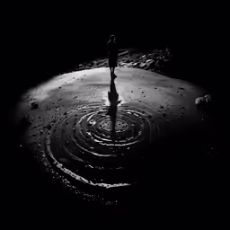 a person standing in the dark near circles of water