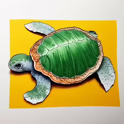 a painting of a green turtle on yellow and white
