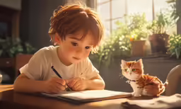 a young boy is writing in an open book with a cute cat