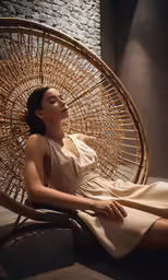 a woman sitting in a chair with her arms resting on her chest