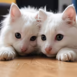 two white kittens with black eyes are laying down