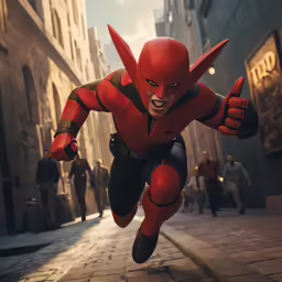 a character from the incredible spiderman flying through a city