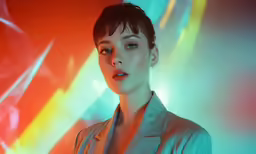 a woman posing in front of neon lights
