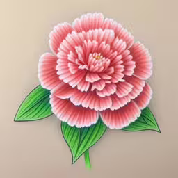 flower drawing in colored watercolour using a marker,a close up view of a flower on the wall,a large pink flower with green leaves,a beautiful pink flower is displayed against a neutral backdrop,a paper cut that has a flower and leaves on it