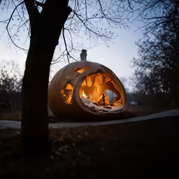 a man is standing on the top of a carved pumpkin