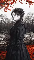 the image of a woman in black dress, standing on red leaves