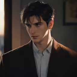 man in suit looking down to camera in dark room