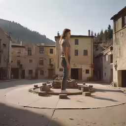 a person in jeans stands by an old house