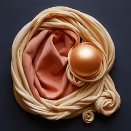 a ball sits atop a scarf on a table