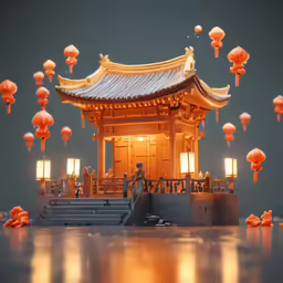 a small shrine with lit up lanterns floating around