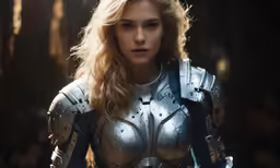 a woman in a armor outfit stands in a forest