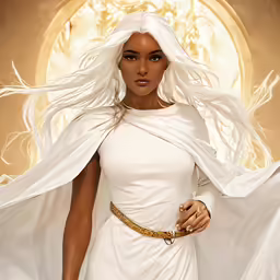 an african woman in a white dress with flowing hair