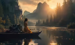 a woman in a long dress rows a boat across the lake at sunset