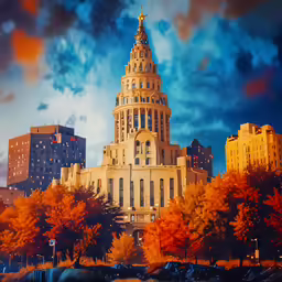 a colorful image of a building with trees in front
