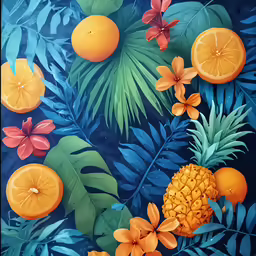 a picture of fruit in the middle of tropical leaves