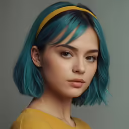 the young woman with green hair is posing for a studio shot