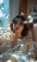a girl in white sitting on the floor