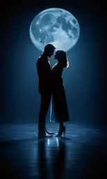 a couple in silhouette under the full moon with the lights on