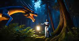 a woman standing next to a dragon lantern