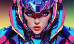 a woman wearing a futuristic helmet,a close up of a robot woman wearing a blue and pink suit