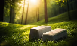 two stone benches sit in the grass near some trees