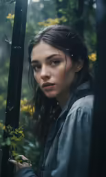 a woman is looking at something through some trees