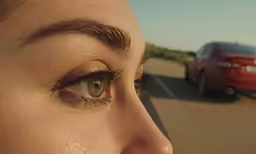 closeup of an eye with cars driving on the road in the background