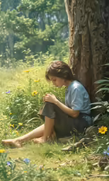 a woman sitting down next to a tree on the grass