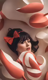 a woman wearing an orange bow holding up a lollipop