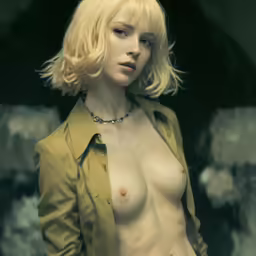 a women with very short hair standing and wearing a shirt