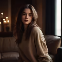 woman wearing beige and sitting down in front of the sofa