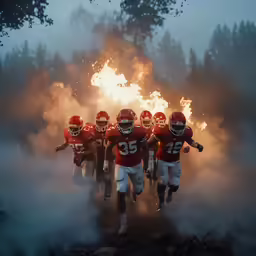 football players in uniforms running out of the fog together